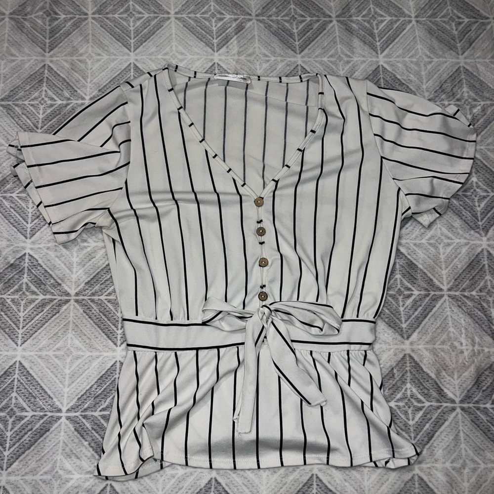 Striped V-Neck Button-Down Top